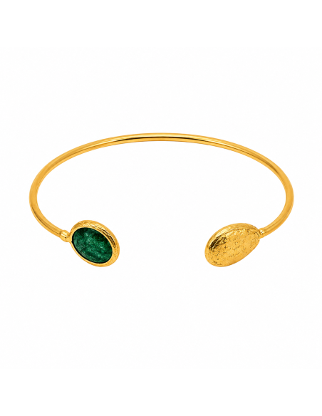 Brazalete dorado abierto con piedra central de jade verde