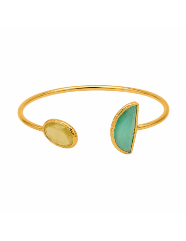 Brazalete dorado abierto con piedra lunar y piedra verde