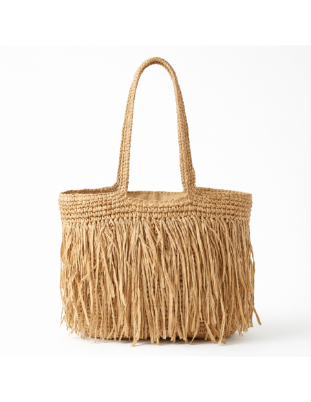 Bolso boho de paja trenzada con flecos largos y asas integradas