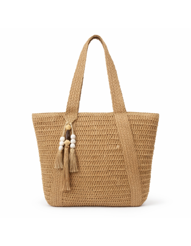 Bolso tote de rafia tejida con borlas decorativas y asas largas