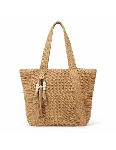 Bolso tote de rafia tejida con borlas decorativas y asas largas