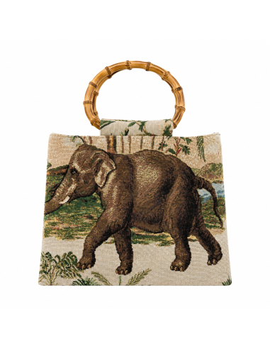 Bolso de mano vintage con estampado safari y asa circular de bambú