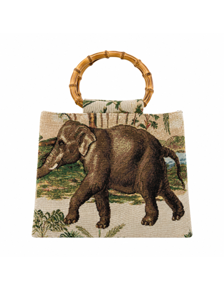 Bolso de mano vintage con estampado safari y asa circular de bambú