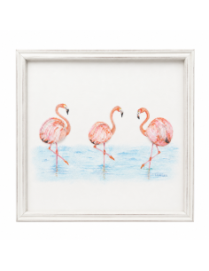 Cuadro artesanal pintado a mano con flamencos y relieve de concha natural.