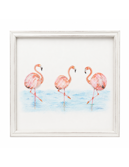 Cuadro artesanal pintado a mano con flamencos y relieve de concha natural.