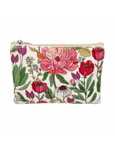 Neceser plano de polipiel con estampado floral de peonías y flores silvestres.