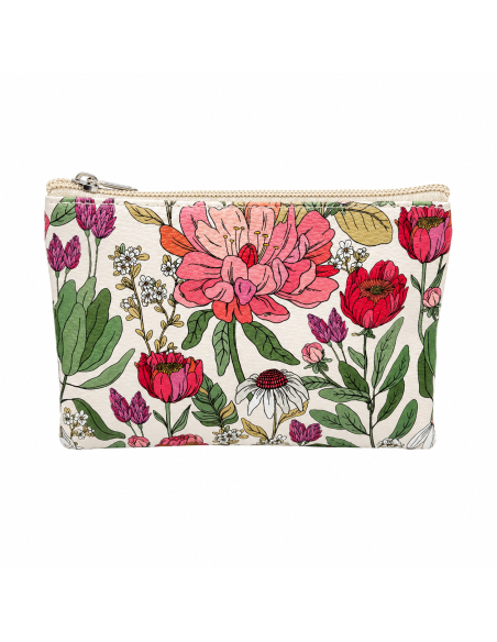 Neceser plano de polipiel con estampado floral de peonías y flores silvestres.