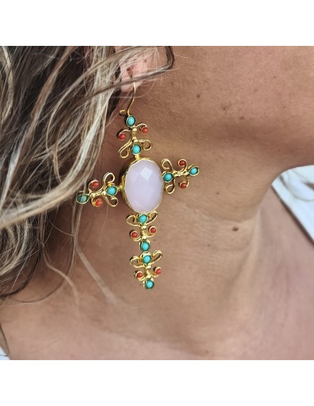 Pendientes cruz flamenca dorados | Cuarzo rosa y turquesas