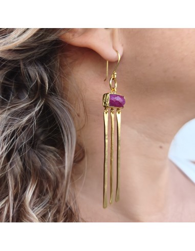 Pendientes largos cascada con rubí | Pendientes dorados elegantes