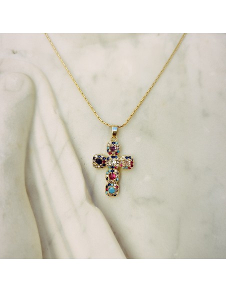 Colgante Cruz Veneciana con Piedras Multicolor | Mis Girasoles