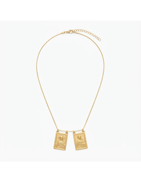 Collar escapulario dorado con medallas del Sagrado Corazón de Jesús y la Virgen del Carmen.