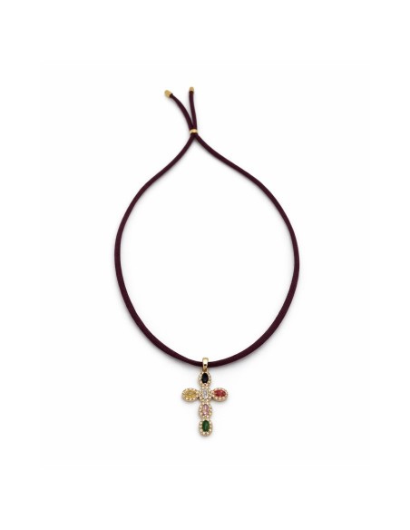 Colgante cruz Prisma dorada con circonitas de colores | Collar elegante