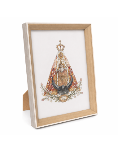 Marco de madera con ilustración mariana en estilo acuarela, tonos suaves y acabado delicado.