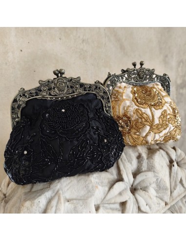 Bolso Clutch Vintage Floral dorado o negro con bordados, lentejuelas, cierre metálico labrado y cadena.