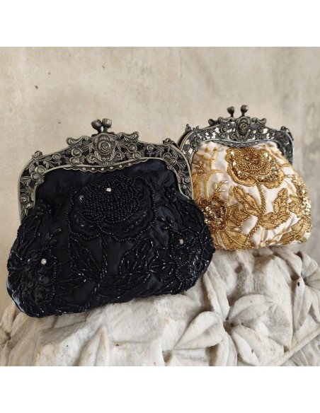 Bolso Clutch Vintage Floral dorado o negro con bordados, lentejuelas, cierre metálico labrado y cadena.