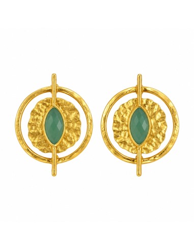 Pendientes Helena dorados con piedra turquesa facetada, diseño circular y acabado martillado.