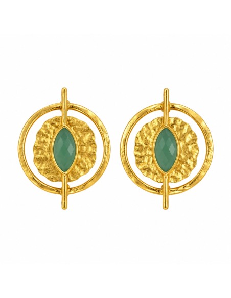 Pendientes Helena dorados con piedra turquesa facetada, diseño circular y acabado martillado.