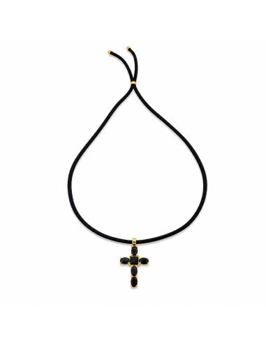 Collar con cruz de circonitas negras en metal dorado y cordón de seda negra