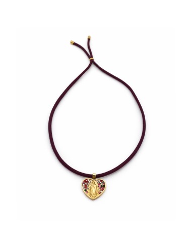 Colgante Corazón Guadalupe | Collar dorado con circonitas y cordón morado
