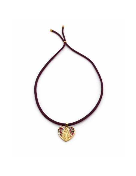 Colgante Corazón Guadalupe | Collar dorado con circonitas y cordón morado