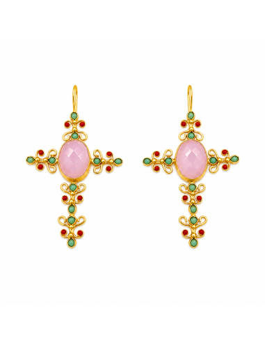 Pendientes dorados en forma de cruz con cuarzo rosa, turquesas y corales