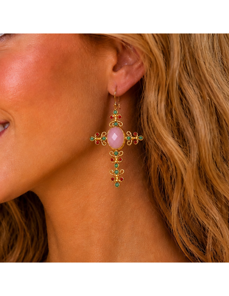 Pendientes cruz flamenca dorados | Cuarzo rosa y turquesas