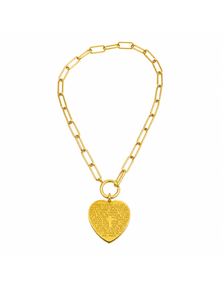 Collar dorado con medalla en forma de corazón con el Padre Nuestro grabado