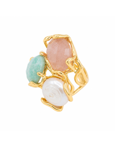 Anillo dorado ajustable con cuarzo rosa, aventurina y perla natural