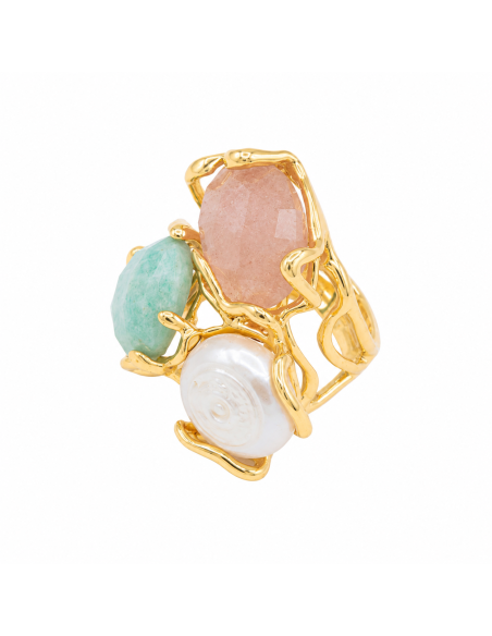Anillo dorado ajustable con cuarzo rosa, aventurina y perla natural