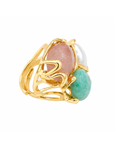 Anillo dorado ajustable con cuarzo rosa, aventurina y perla natural 2
