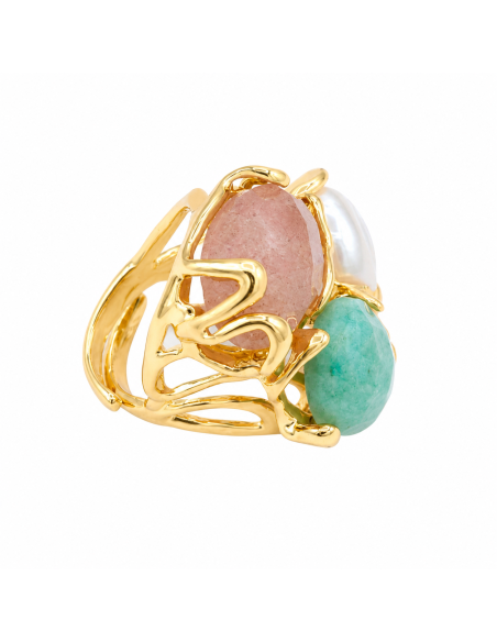 Anillo ajustable con cuarzo rosa y perla | Jardín de Luz